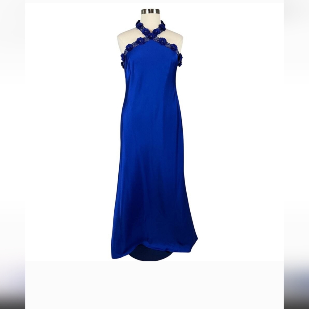 Aidan Mattox Women's Formal Dress Size 18 Blue Satin Beaded Halter Neck Gown